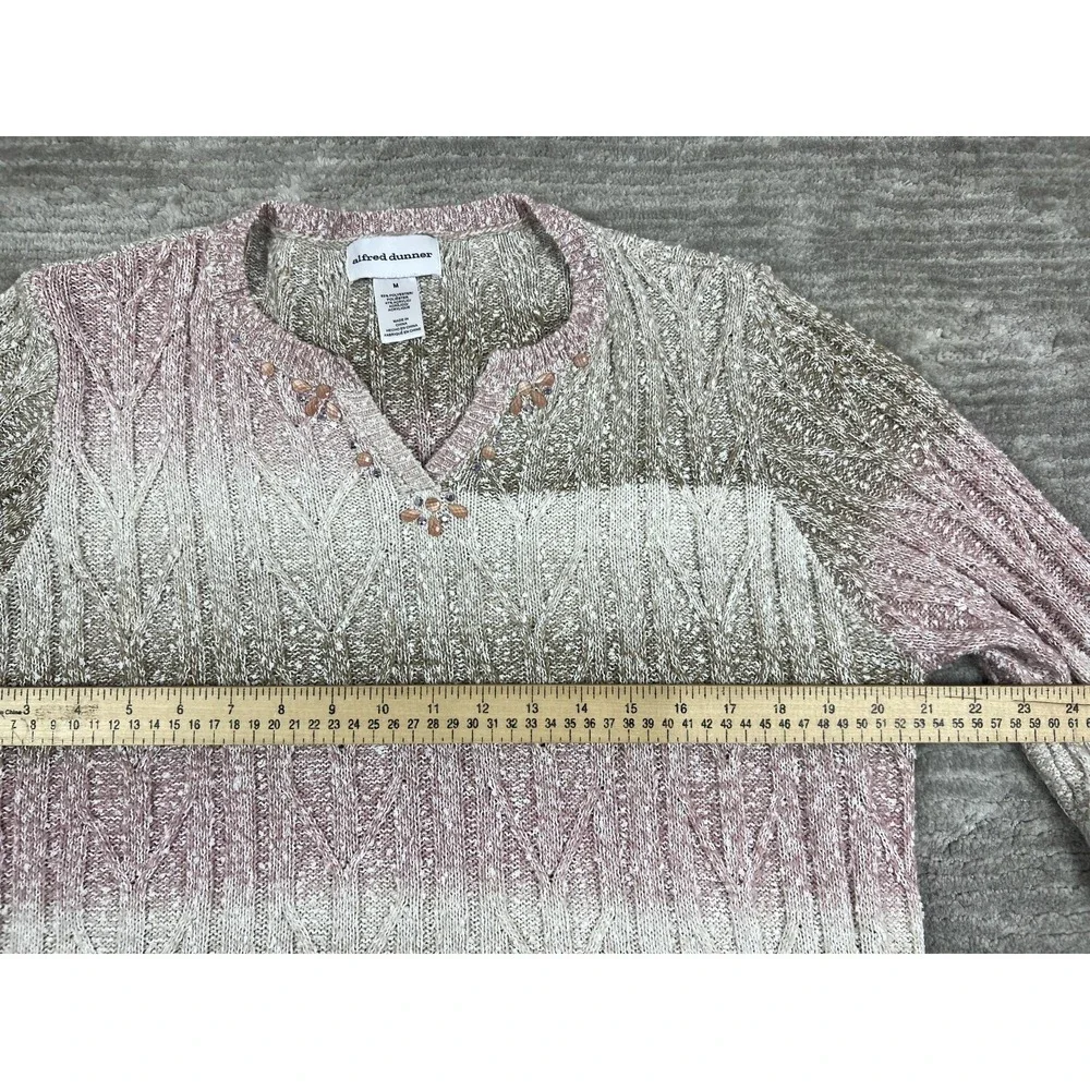 Alfred Dunner Sweater Women M Pink Ombre Cable Knit Beaded Split Neck 3/4 Sleeve